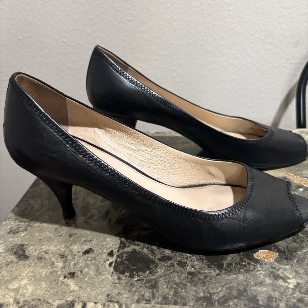 Prada Black Leather Peep-Toe Heels - Picture 2 of 7